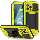 R-JUST Sliding Camera Shockproof Waterproof Dust-proof Metal + Silicone Protective Case with Holder For iPhone 13 Pro Max(Yellow)