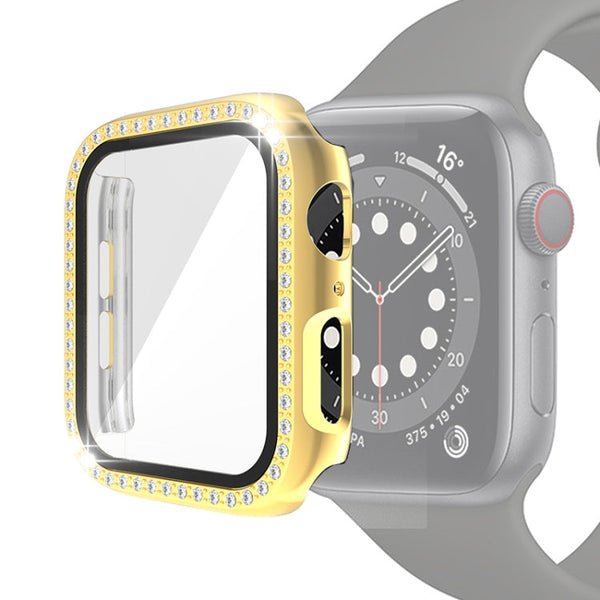 Electroplating PC Single Row Diamond Protective Case with Tempered Glass Film For Apple Watch Series 3 & 2 & 1 42mm(Gold)