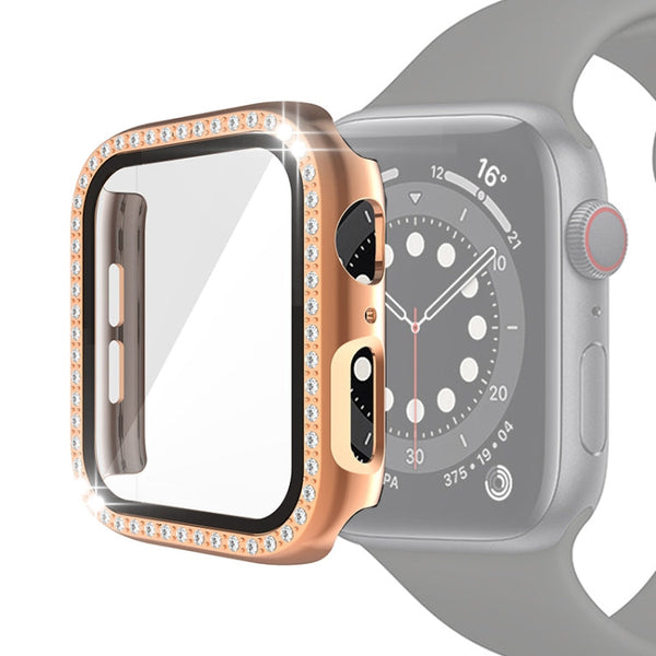 Electroplating PC Single Row Diamond Protective Case with Tempered Glass Film For Apple Watch Series 3 & 2 & 1 42mm(Rose Gold)