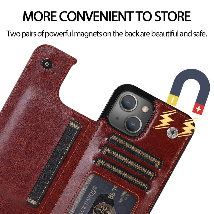 For iPhone 13 mini Double Buckle Shockproof PU Protective Case with Card Slots & Holder For iPhone 13 Mini(Brown)