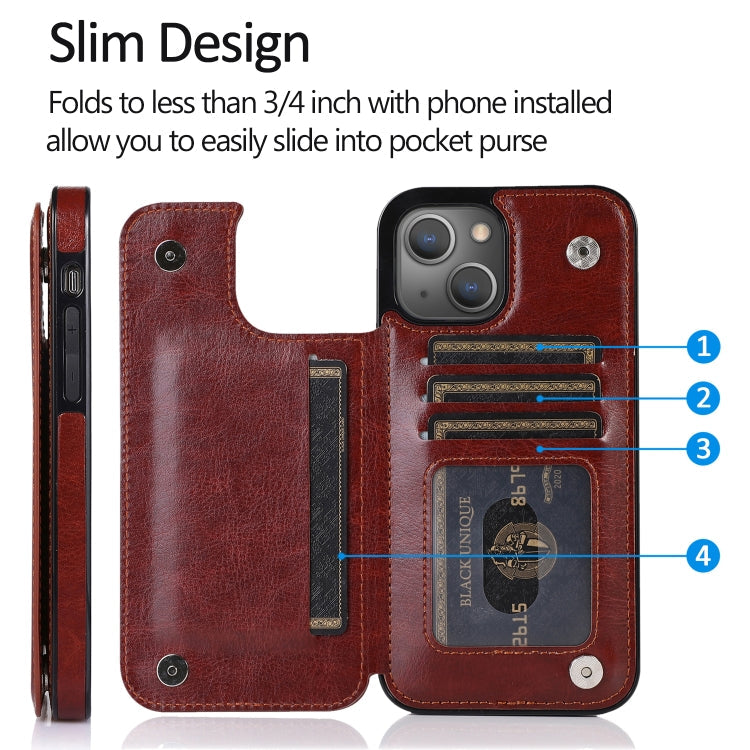 For iPhone 13 mini Double Buckle Shockproof PU Protective Case with Card Slots & Holder For iPhone 13 Mini(Brown)