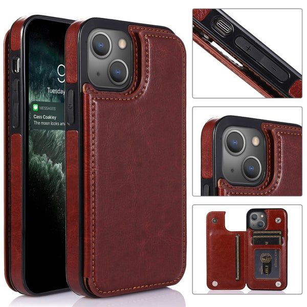 For iPhone 13 mini Double Buckle Shockproof PU Protective Case with Card Slots & Holder For iPhone 13 Mini(Brown)