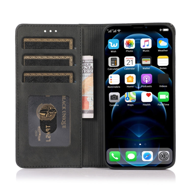 For iPhone 13 Strong Magnetic Crazy Horse Texture Horizontal Flip Leather Case with Holder & Card Slots & Wallet(Black)