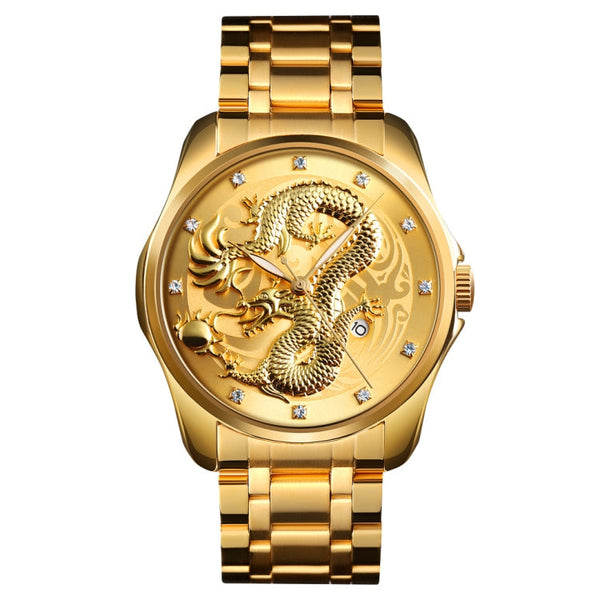 SKMEI 9193 Men Golden Dragon Pattern Calendar Dial Luminous Quartz Watch(Gold)