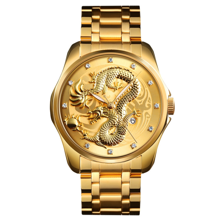 SKMEI 9193 Men Golden Dragon Pattern Calendar Dial Luminous Quartz Watch(Gold)