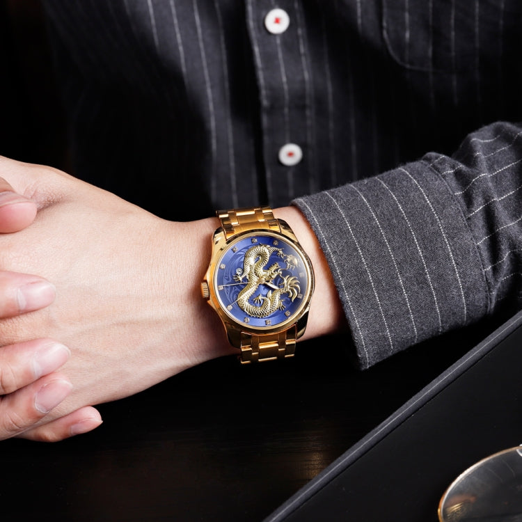SKMEI 9193 Men Golden Dragon Pattern Calendar Dial Luminous Quartz Watch(Gold Blue)