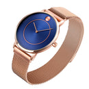 SKMEI 9197 Simple Non-scale Dial Metal Mesh Belt Quartz Watch for Ladies(Rose Gold Blue Surface)