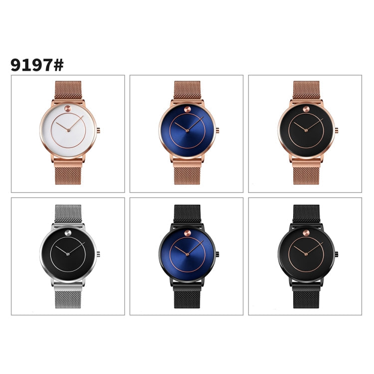 SKMEI 9197 Simple Non-scale Dial Metal Mesh Belt Quartz Watch for Ladies(Rose Gold White Surface)