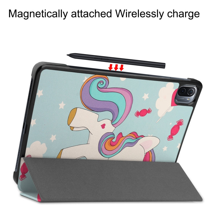 For Xiaomi Pad 5 Custer Painted PU Leather Case with Sleep / Wake-up Function & 3-Fold Holder(Unicorn)
