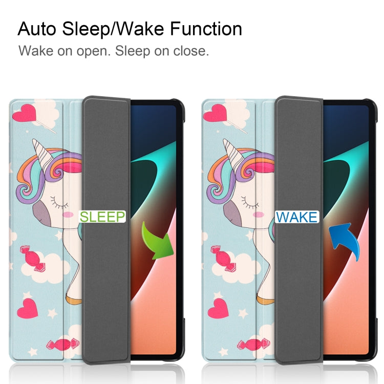 For Xiaomi Pad 5 Custer Painted PU Leather Case with Sleep / Wake-up Function & 3-Fold Holder(Unicorn)