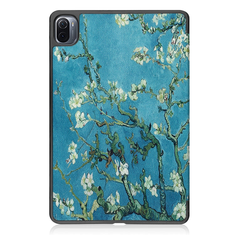 For Xiaomi Pad 5 Custer Painted PU Leather Case with Sleep / Wake-up Function & 3-Fold Holder(Apricot Blossom)