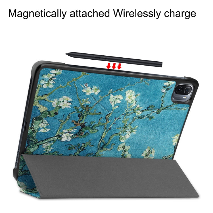 For Xiaomi Pad 5 Custer Painted PU Leather Case with Sleep / Wake-up Function & 3-Fold Holder(Apricot Blossom)