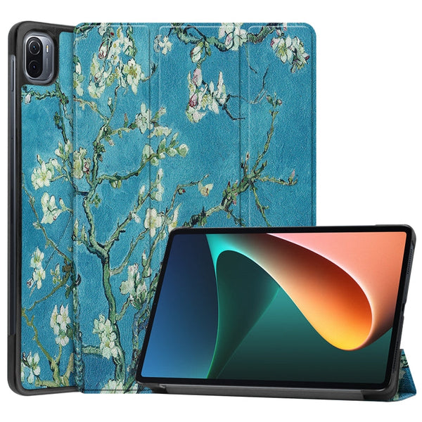 For Xiaomi Pad 5 Custer Painted PU Leather Case with Sleep / Wake-up Function & 3-Fold Holder(Apricot Blossom)