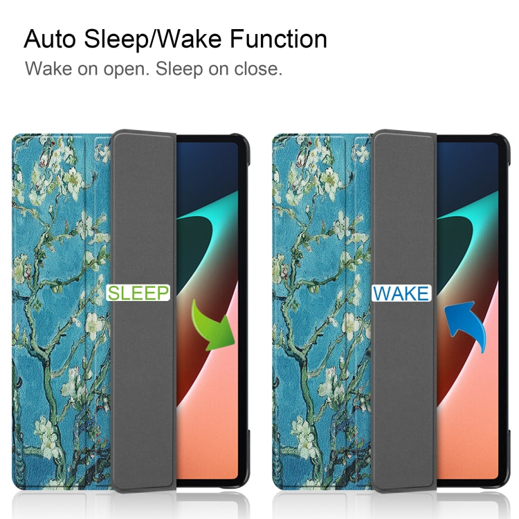For Xiaomi Pad 5 Custer Painted PU Leather Case with Sleep / Wake-up Function & 3-Fold Holder(Apricot Blossom)