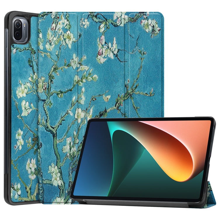 For Xiaomi Pad 5 Custer Painted PU Leather Case with Sleep / Wake-up Function & 3-Fold Holder(Apricot Blossom)