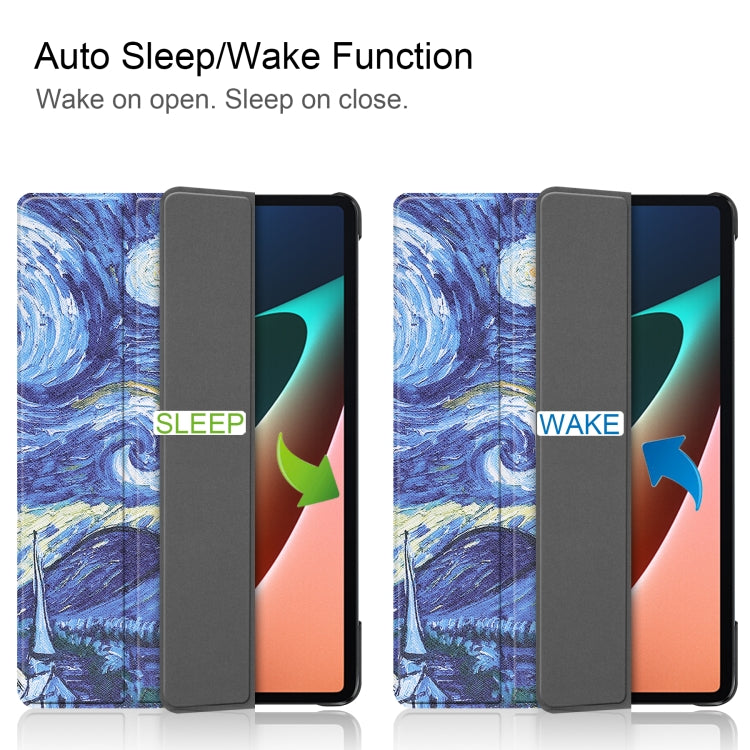 For Xiaomi Pad 5 Custer Painted PU Leather Case with Sleep / Wake-up Function & 3-Fold Holder(Starry Sky)