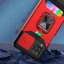For Samsung Galaxy A12 Sliding Camera Cover Design PC + TPU Shockproof Case with Ring Holder & Card Slot(Black)
