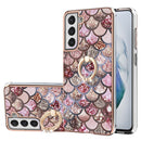 For Samsung Galaxy S21 FE Electroplating Pattern IMD TPU Shockproof Case with Rhinestone Ring Holder(Pink Scales)