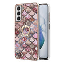 For Samsung Galaxy S21 FE Electroplating Pattern IMD TPU Shockproof Case with Rhinestone Ring Holder(Pink Scales)