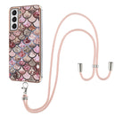 For Samsung Galaxy S21 FE Electroplating Pattern IMD TPU Shockproof Case with Neck Lanyard(Pink Scales)