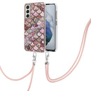 For Samsung Galaxy S21 FE Electroplating Pattern IMD TPU Shockproof Case with Neck Lanyard(Pink Scales)