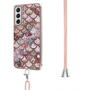 For Samsung Galaxy S21 FE Electroplating Pattern IMD TPU Shockproof Case with Neck Lanyard(Pink Scales)