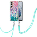 For Samsung Galaxy S21 FE Electroplating Pattern IMD TPU Shockproof Case with Neck Lanyard(Colorful Scales)