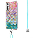 For Samsung Galaxy S21 FE Electroplating Pattern IMD TPU Shockproof Case with Neck Lanyard(Colorful Scales)
