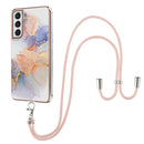For Samsung Galaxy S21 FE Electroplating Pattern IMD TPU Shockproof Case with Neck Lanyard(Milky Way White Marble)