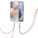 For Samsung Galaxy S21 FE Electroplating Pattern IMD TPU Shockproof Case with Neck Lanyard(Milky Way White Marble)