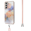 For Samsung Galaxy S21 FE Electroplating Pattern IMD TPU Shockproof Case with Neck Lanyard(Milky Way White Marble)