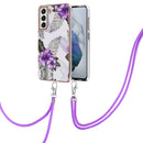 For Samsung Galaxy S21 FE Electroplating Pattern IMD TPU Shockproof Case with Neck Lanyard(Purple Flower)