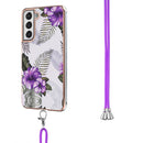 For Samsung Galaxy S21 FE Electroplating Pattern IMD TPU Shockproof Case with Neck Lanyard(Purple Flower)