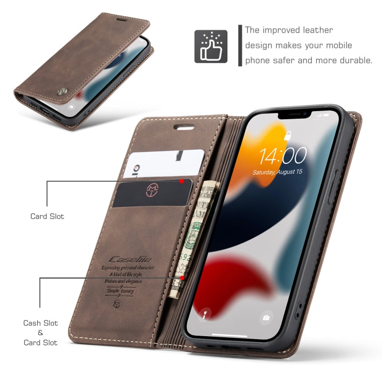 CaseMe-013 Multifunctional Retro Frosted Horizontal Flip Leather Case with Card Slot & Holder & Wallet For iPhone 13(Coffee)