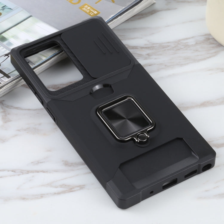 For Samsung Galaxy Note20 Ultra Sliding Camera Cover Design PC + TPU Shockproof Case with Ring Holder & Card Slot(Black)