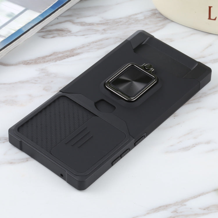 For Samsung Galaxy Note20 Ultra Sliding Camera Cover Design PC + TPU Shockproof Case with Ring Holder & Card Slot(Black)