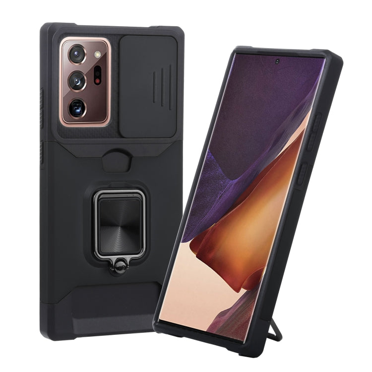 For Samsung Galaxy Note20 Ultra Sliding Camera Cover Design PC + TPU Shockproof Case with Ring Holder & Card Slot(Black)