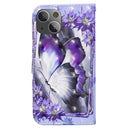3D Painted Pattern Horizontal Flip Leather Case with Holder & Wallet & Card slot & Lanyard For iPhone 13(Purple Flower Butterfly)