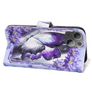 3D Painted Pattern Horizontal Flip Leather Case with Holder & Wallet & Card slot & Lanyard For iPhone 13(Purple Flower Butterfly)