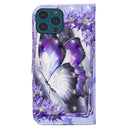 3D Painted Pattern Horizontal Flip Leather Case with Holder & Wallet & Card slot & Lanyard For iPhone 13 Pro(Purple Flower Butterfly)