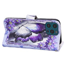 3D Painted Pattern Horizontal Flip Leather Case with Holder & Wallet & Card slot & Lanyard For iPhone 13 Pro(Purple Flower Butterfly)