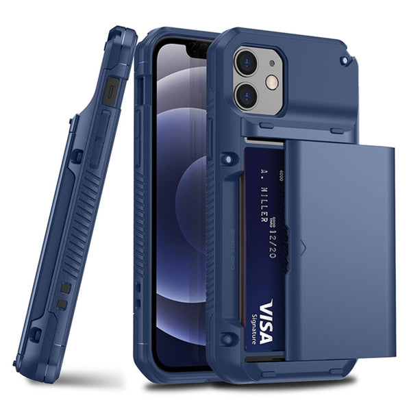 Shockproof Heavy Duty Armor Protective Case with Slide Multi-Card Slot For iPhone 13 mini(Blue)
