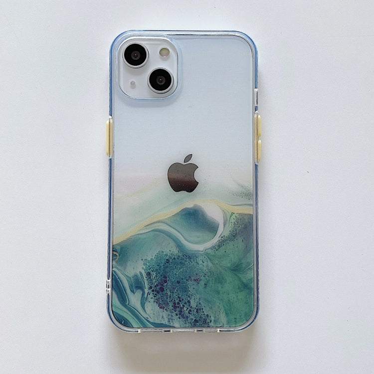 Marble Pattern Glittery Powder Shockproof TPU + Acrylic Protective Case with Detachable Buttons For iPhone 13(Light Blue)