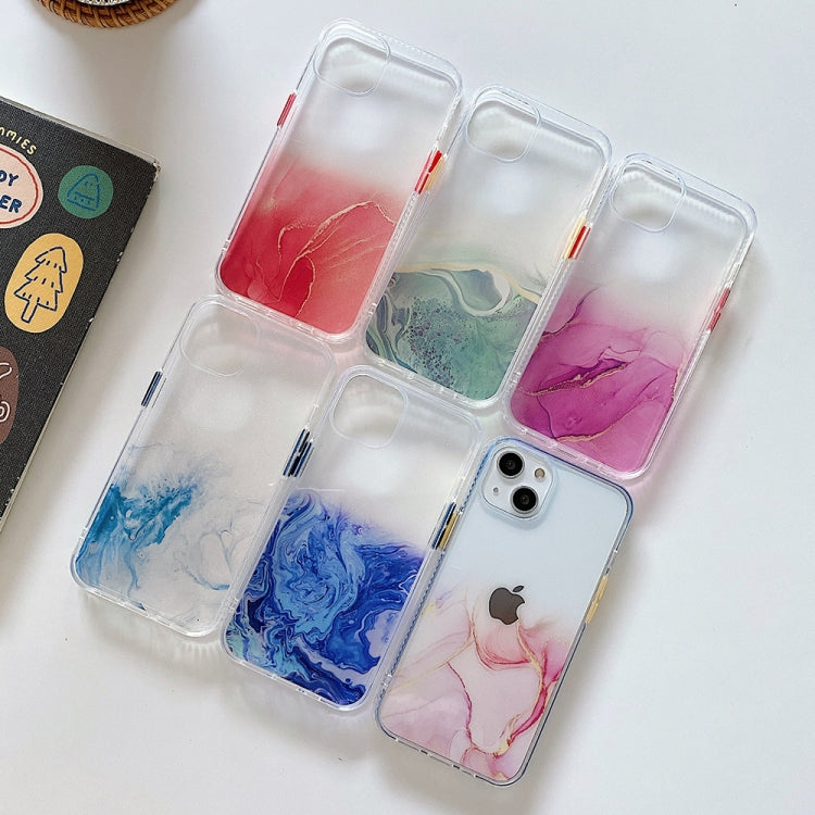 Marble Pattern Glittery Powder Shockproof TPU + Acrylic Protective Case with Detachable Buttons For iPhone 13(Light Blue)