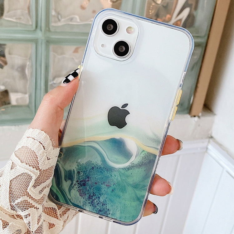 Marble Pattern Glittery Powder Shockproof TPU + Acrylic Protective Case with Detachable Buttons For iPhone 13(Green)