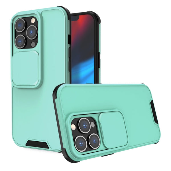 Up and Down Sliding Camera Cover Design Shockproof TPU + PC Protective Case For iPhone 13(Mint Green)