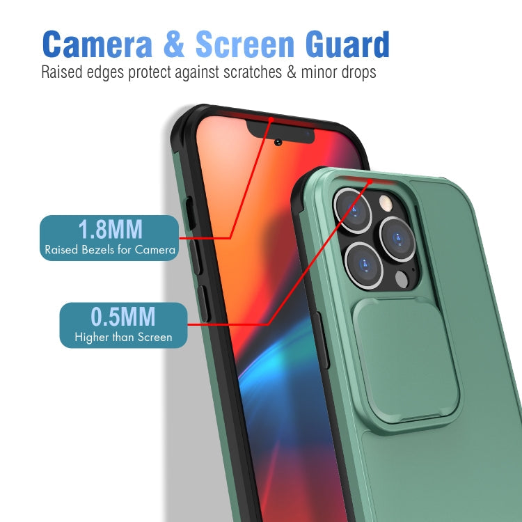 Up and Down Sliding Camera Cover Design Shockproof TPU + PC Protective Case For iPhone 13(Dark Green)