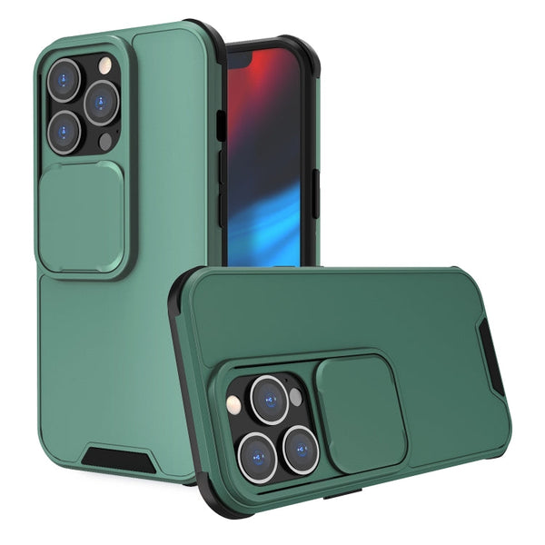 Up and Down Sliding Camera Cover Design Shockproof TPU + PC Protective Case For iPhone 13(Dark Green)