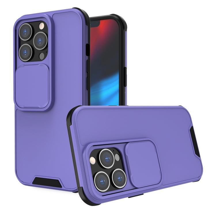 Up and Down Sliding Camera Cover Design Shockproof TPU + PC Protective Case For iPhone 13(Purple)