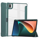 For Xiaomi Pad 5 / 5 Pro Three-fold Transparent TPU Horizontal Flip Leather Case with Pen Slot & Three-fold Holder & Sleep / Wake-up Function(Dark Green)